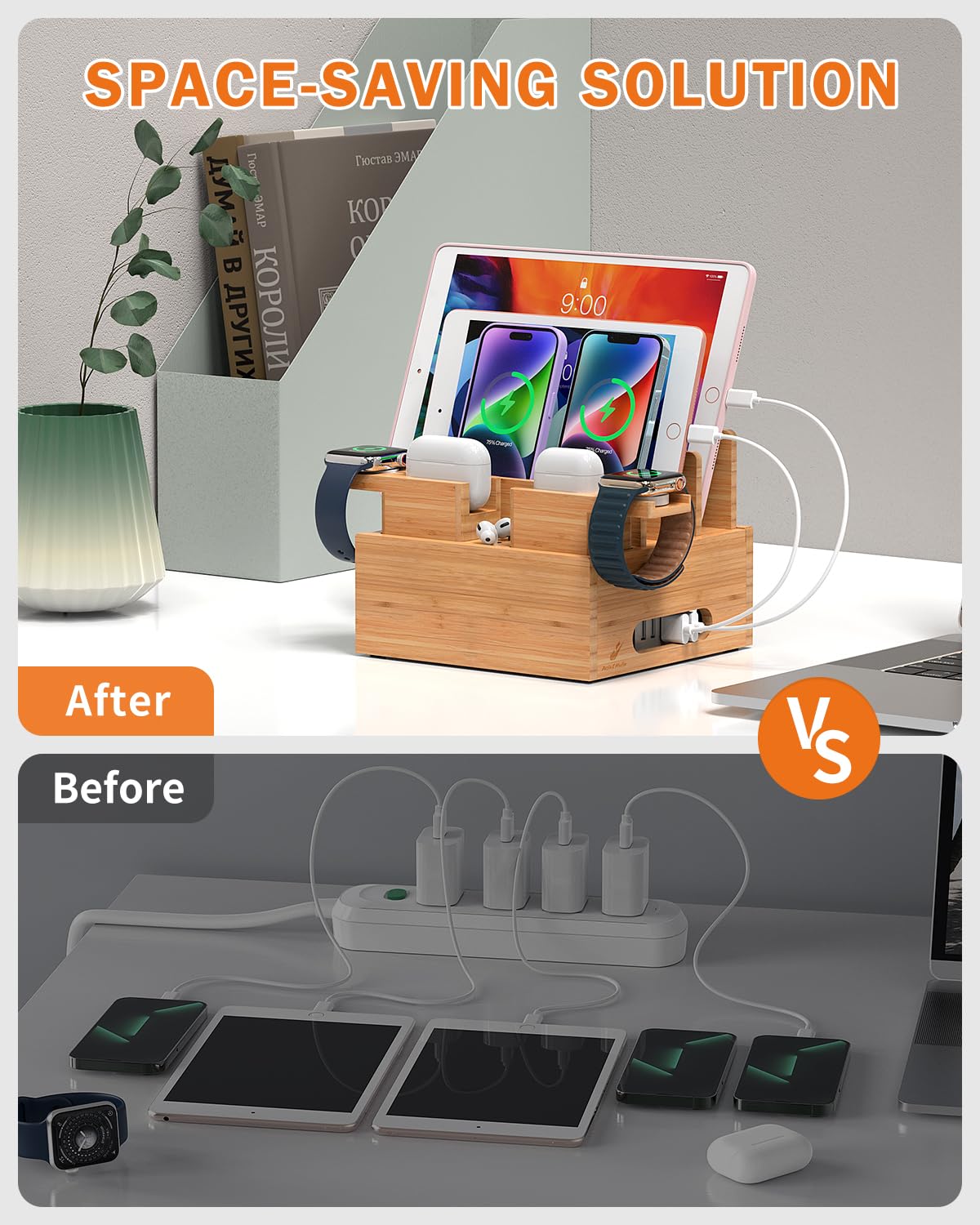 Pezin & Hulin Pezin Hulin Bamboo Charging Station for Multiple Devices with Power Charger and 5 Pack Wire Cables Compatible with Phones Tablets Earbuds Smart Watch - View 7 of 9