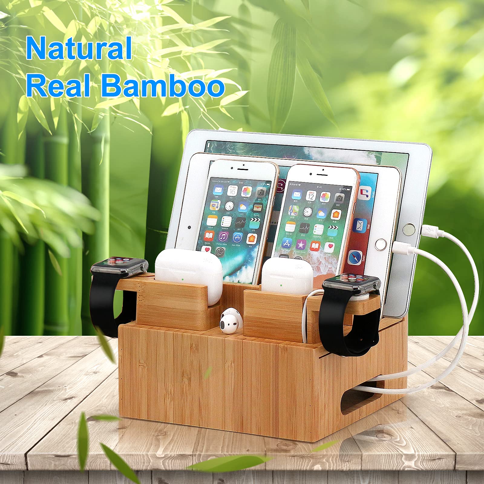 Pezin & Hulin Pezin Hulin Bamboo Charging Station for Multiple Devices with Power Charger and 5 Pack Wire Cables Compatible with Phones Tablets Earbuds Smart Watch - View 9 of 9