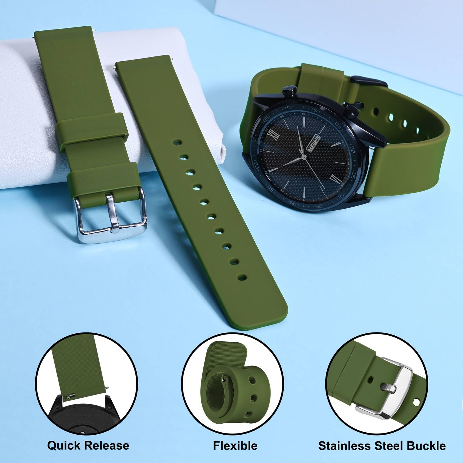 WOCCI 19mm Silicone Watch Band Quick Release Rubber Strap with Silver Buckle Military Green - View 3 of 9