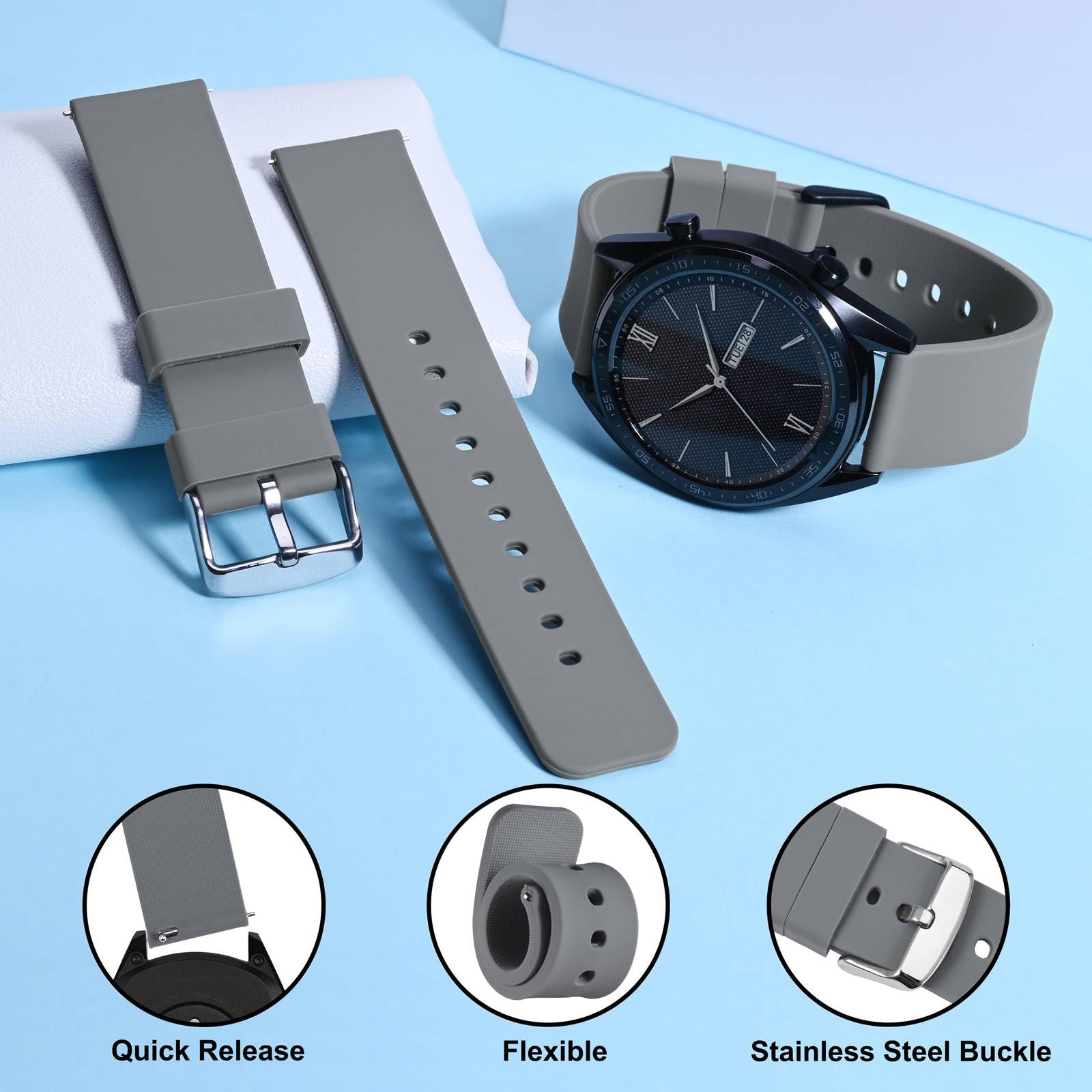 WOCCI 19mm Silicone Watch Band Quick Release Rubber Strap with Silver Buckle Dark Grey - View 3 of 9