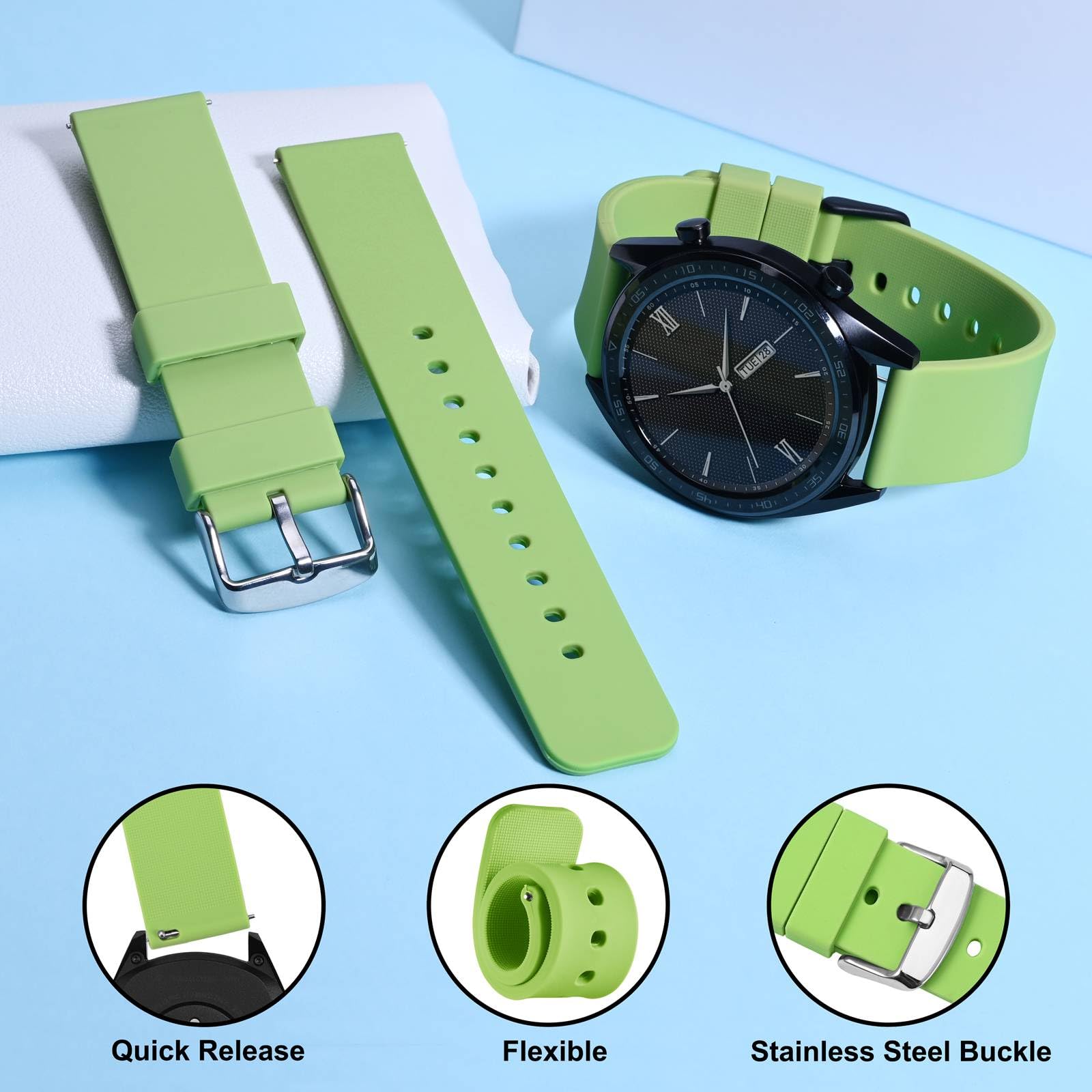 WOCCI 19mm Silicone Watch Band Quick Release Rubber Strap with Silver Buckle in Matcha Green - View 3 of 9