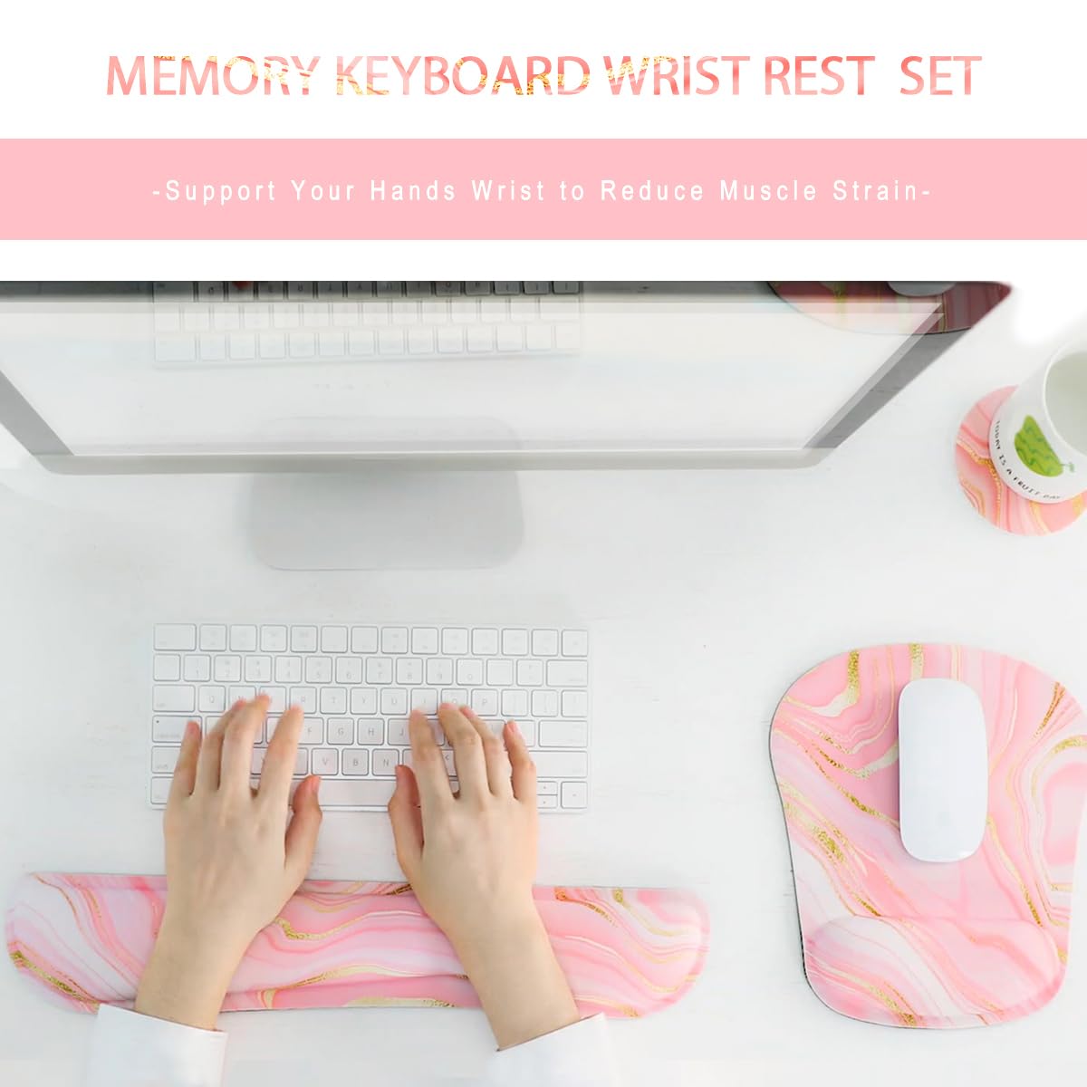 Yunoble Memory Foam Ergonomic Keyboard and Mouse Wrist Rest Pad Set for Office Gaming Easy Typing in Pink Fluid - View 2 of 7