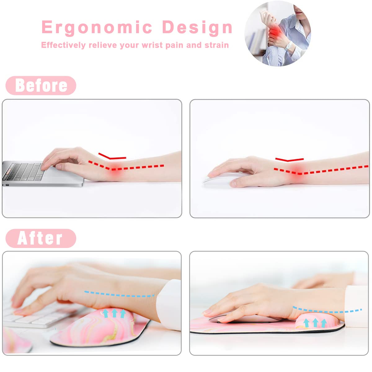 Yunoble Memory Foam Ergonomic Keyboard and Mouse Wrist Rest Pad Set for Office Gaming Easy Typing in Pink Fluid - View 4 of 7