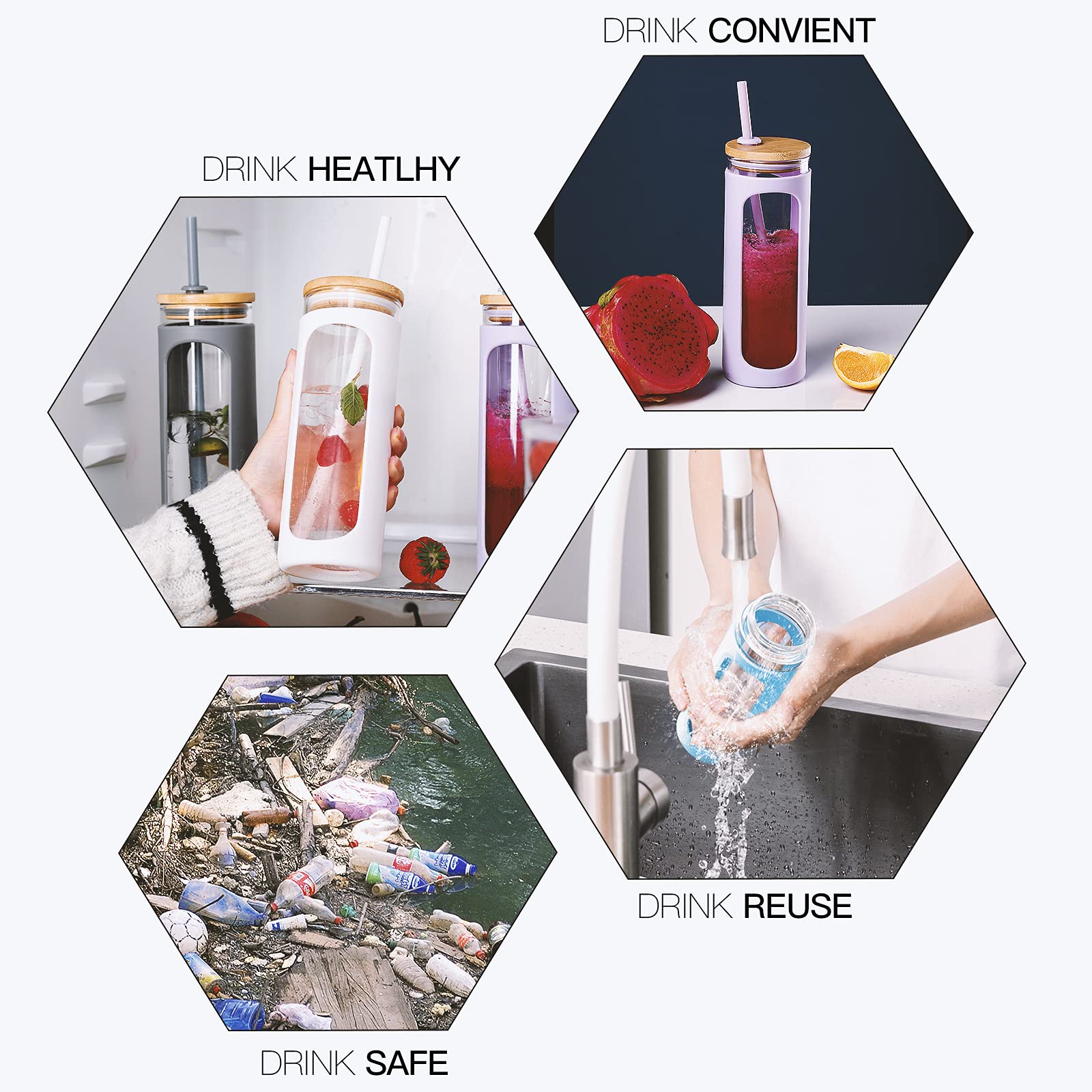 Kodrine 20oz Glass Tumbler with Straw and Lid Reusable Iced Coffee Cups Bamboo Lids Water Bottle 2pack BPA Free White and Black - View 6 of 7