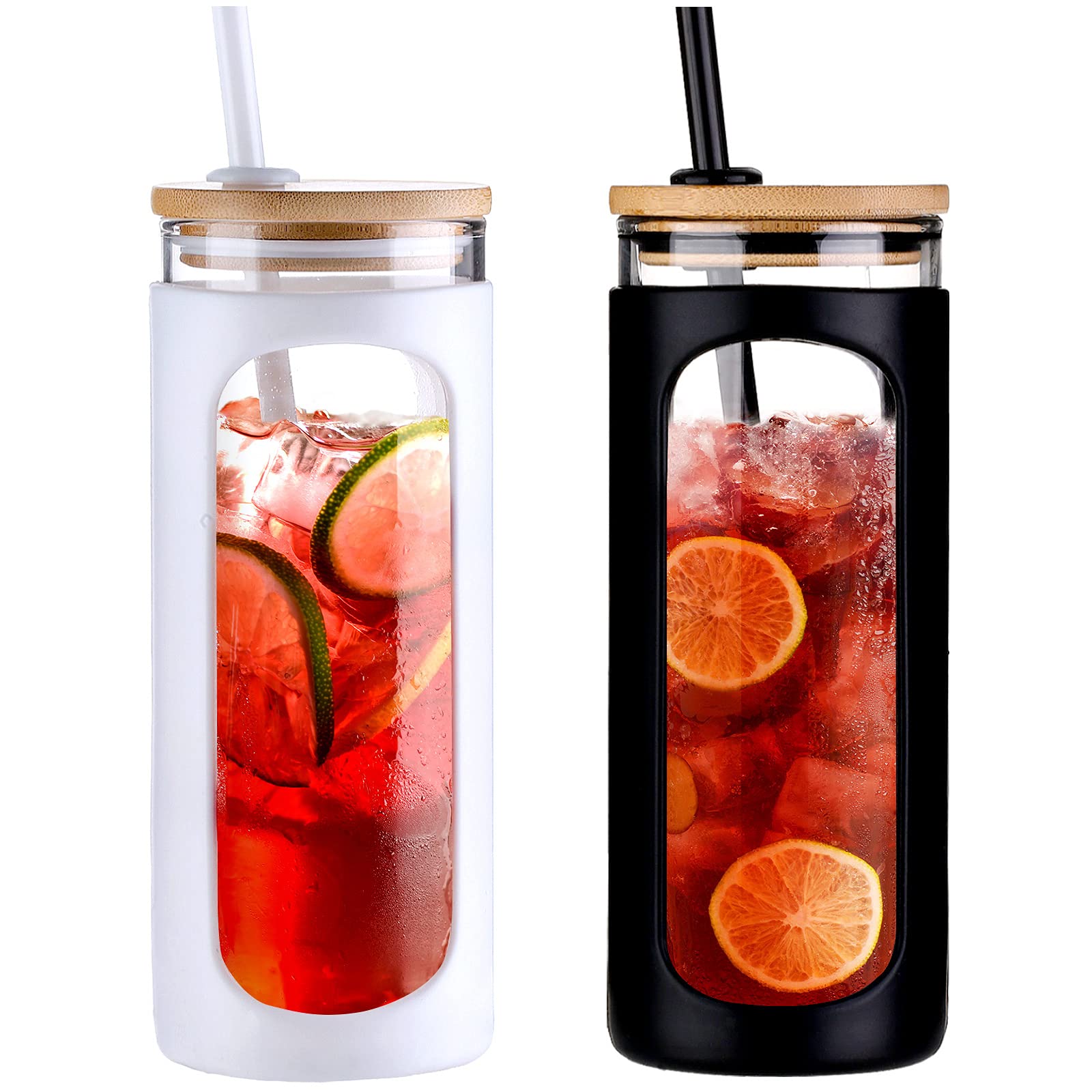 Kodrine 20oz Glass Tumbler with Straw and Lid Reusable Iced Coffee Cups Bamboo Lids Water Bottle 2pack BPA Free White and Black