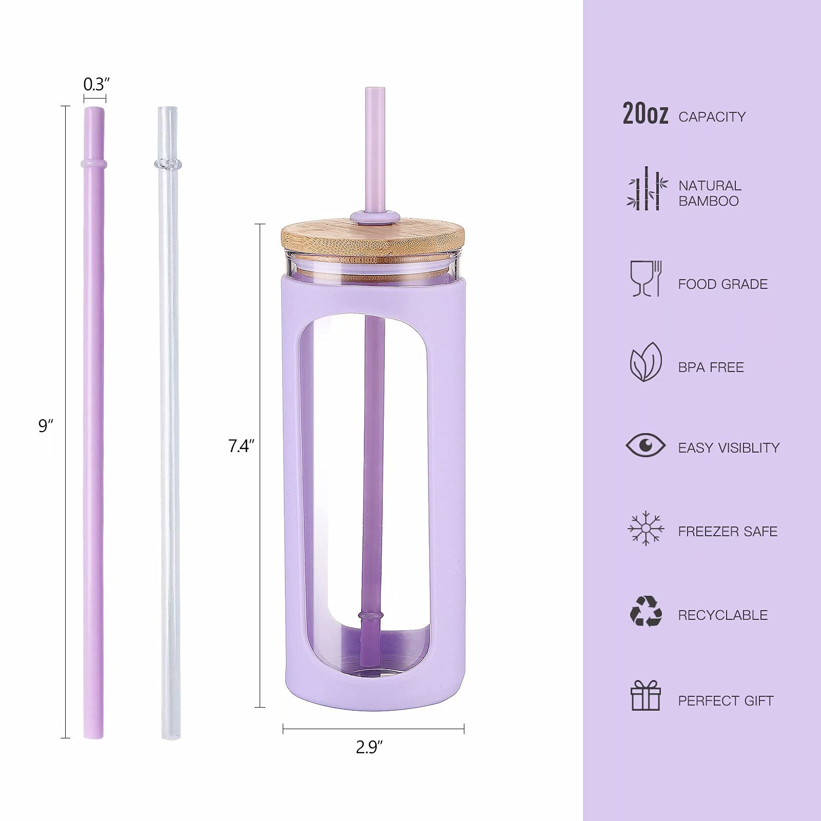 Kodrine 20oz Glass Water Tumbler with Straw and Lid Reusable BPA Free Purple Iced Coffee Cup with Bamboo Lid and Silicone Sleeve - View 2 of 7
