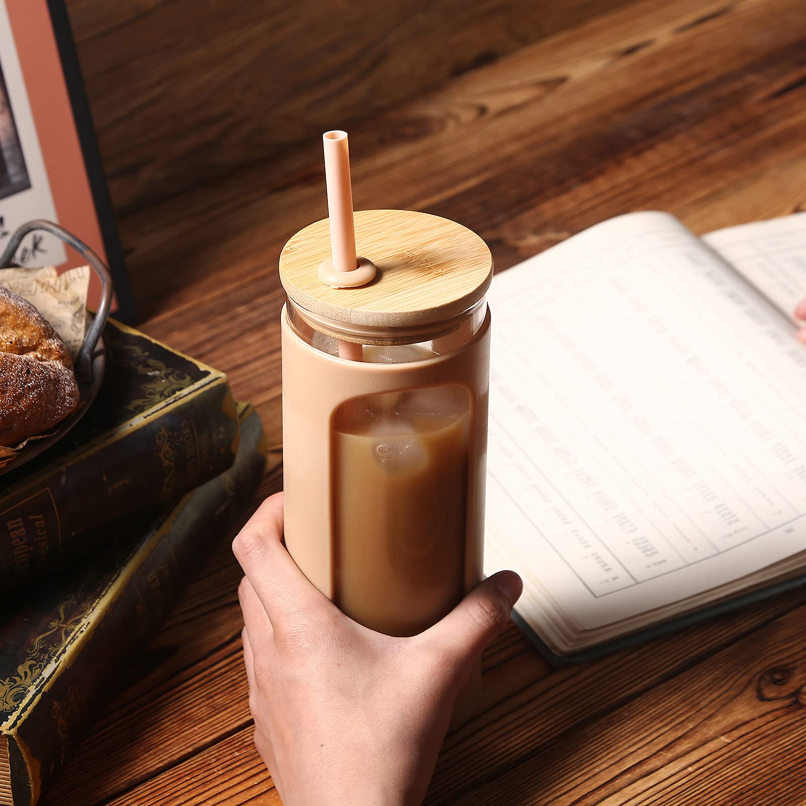 Kodrine 20oz Glass Water Tumbler with Straw and Lid Reusable BPA Free Purple Iced Coffee Cup with Bamboo Lid and Silicone Sleeve - View 3 of 7