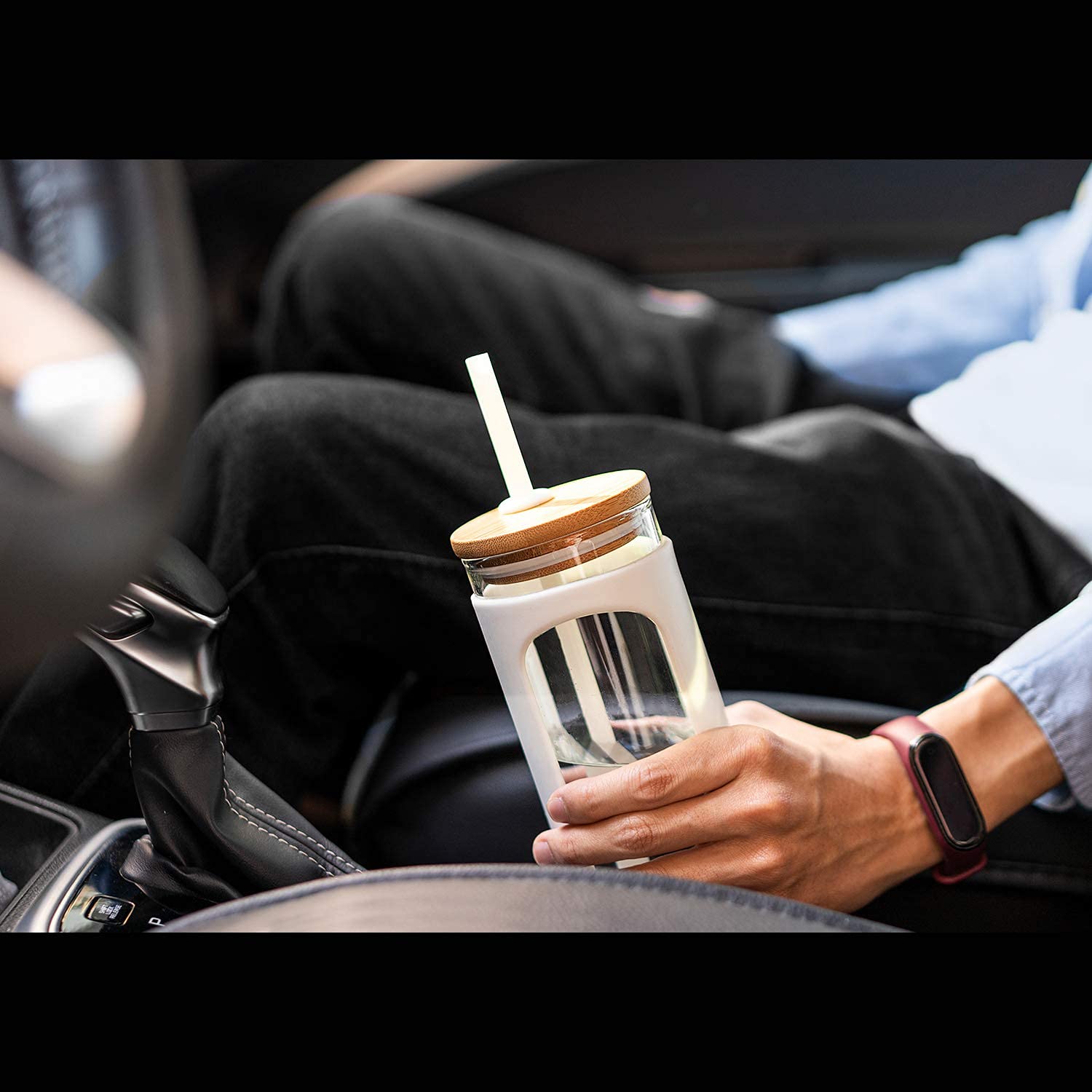 Kodrine 20oz Glass Water Tumbler with Straw and Lid Reusable BPA Free Purple Iced Coffee Cup with Bamboo Lid and Silicone Sleeve - View 4 of 7