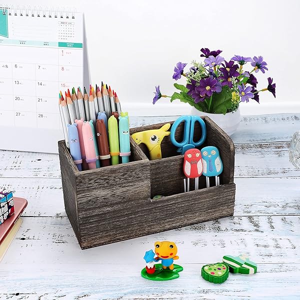 BTSKY BTSKY Retro Wood Desk Pen Pencil Holder Multi-Function Organizer for Office Home Accessories Vintage Brown - View 3 of 7