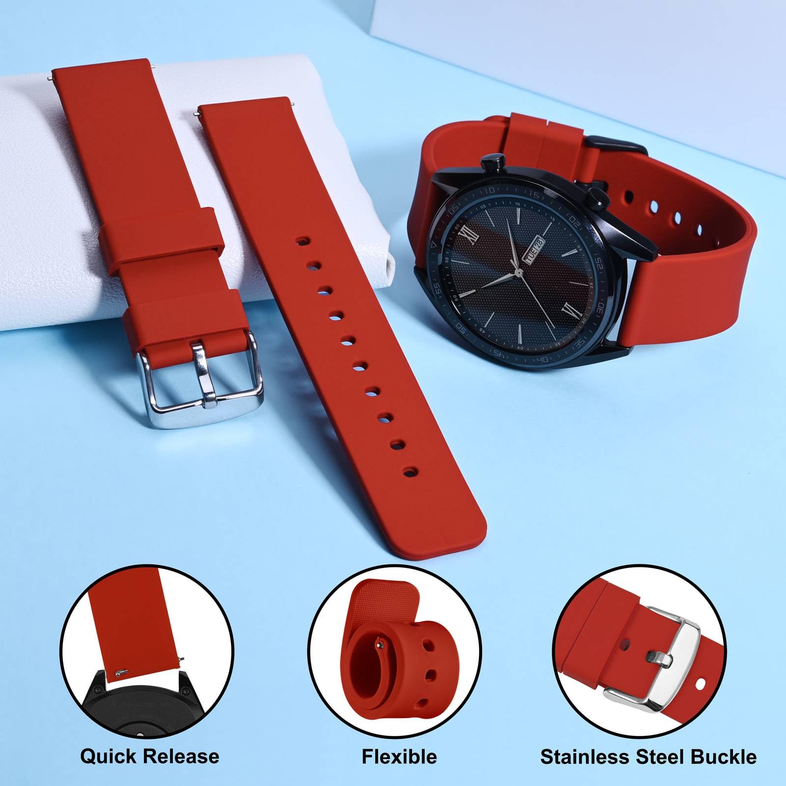 WOCCI 21mm Silicone Watch Band Quick Release Rubber Replacement Strap with Silver Buckle in Christmas Red - View 3 of 9