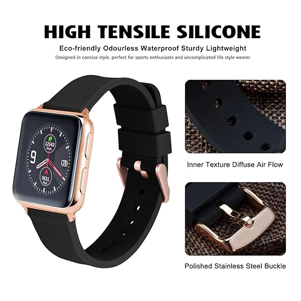 WOCCI WOCCI 21mm Silicone Watch Band Black Soft Rubber Replacement Strap with Rose Gold Buckle Quick Release - View 3 of 9
