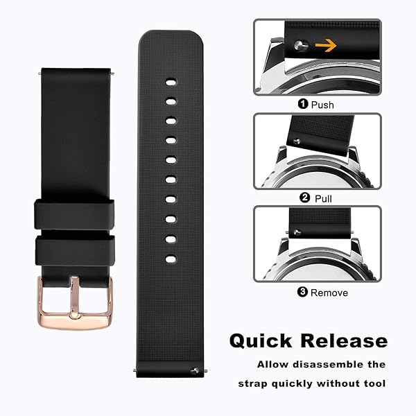 WOCCI WOCCI 21mm Silicone Watch Band Black Soft Rubber Replacement Strap with Rose Gold Buckle Quick Release - View 4 of 9
