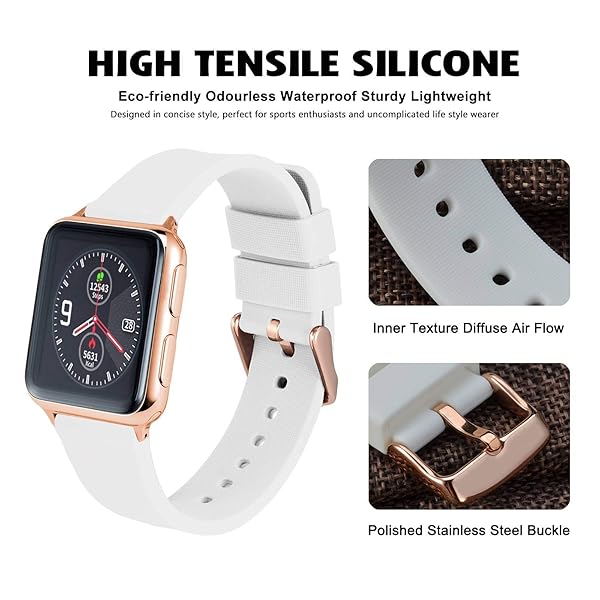 WOCCI WOCCI 16mm Silicone Watch Band White with Rose Gold Buckle Soft Rubber Replacement Straps Quick Release - View 3 of 9