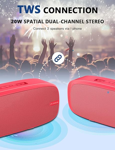 LENRUE LENRUE Bluetooth Speaker Wireless Portable Loud Stereo Sound Rich Bass 12 Hour Playtime Built-in Mic Compatible with iPhone Samsung Red - View 4 of 7