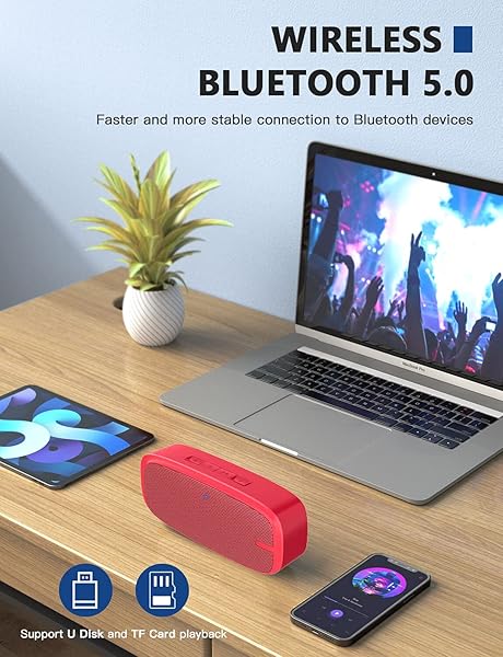 LENRUE LENRUE Bluetooth Speaker Wireless Portable Loud Stereo Sound Rich Bass 12 Hour Playtime Built-in Mic Compatible with iPhone Samsung Red - View 5 of 7