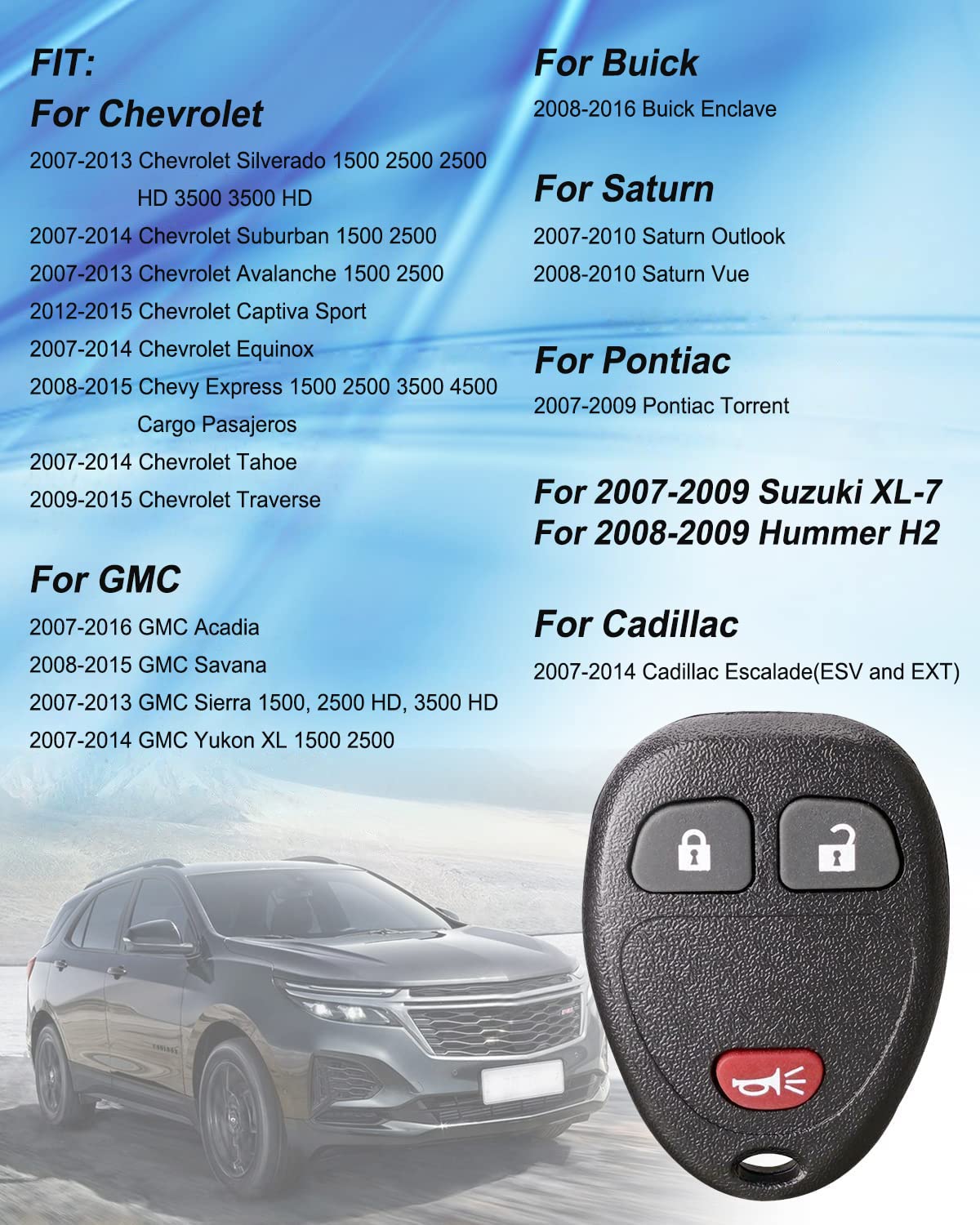 2 Pack Key Fob Replacement for Chevy Silverado Traverse Tahoe GMC Acadia Buick Enclave Saturn Torrent Cadillac 3 Button Remote - View 3 of 7