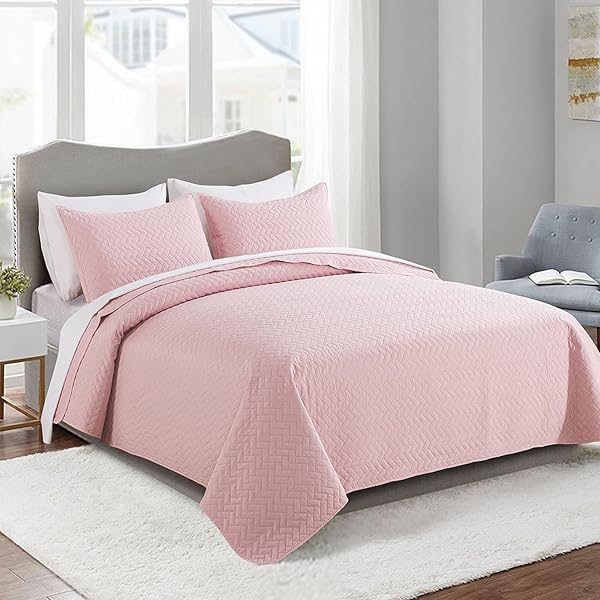 MERRY HOME MERRY HOME King Quilt Set Lightweight 3-Piece Bedding Set Solid Pink 320GSM Summer Quilt Cover 92x104 Inches - View 3 of 7