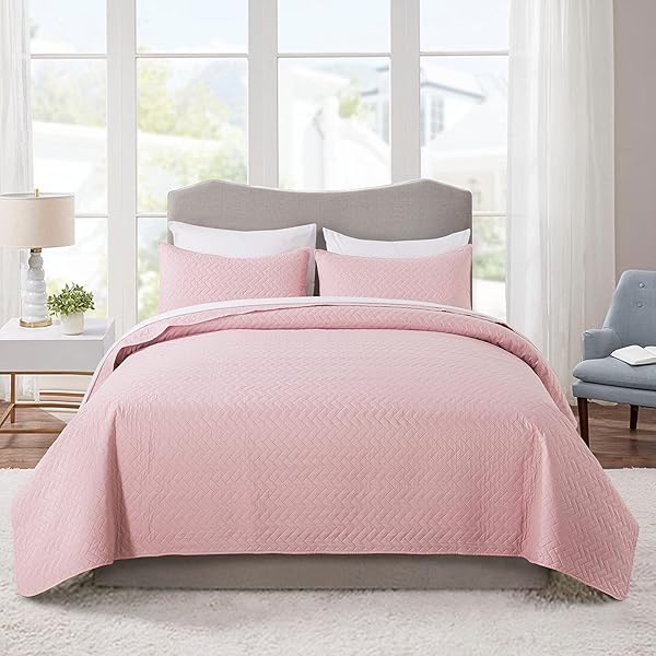 MERRY HOME MERRY HOME King Quilt Set Lightweight 3-Piece Bedding Set Solid Pink 320GSM Summer Quilt Cover 92x104 Inches - View 2 of 7