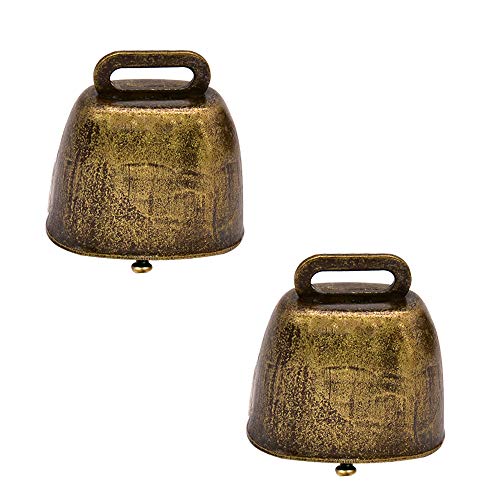 2 Pack Antique Metal Cow Bells - Loud Brass & Copper Farm Animal Bells for Cattle, Horses, Sheep & Pets (Green Bronze)