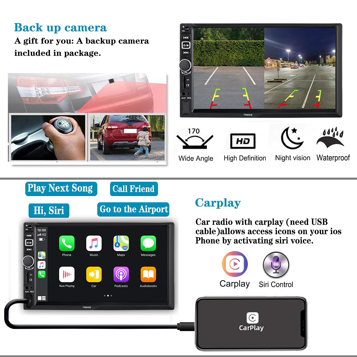 SANPTENT Double Din Car Stereo Radio 7 Inch HD Touchscreen Apple Carplay Android Auto Bluetooth Backup Camera Voice Control - View 3 of 7