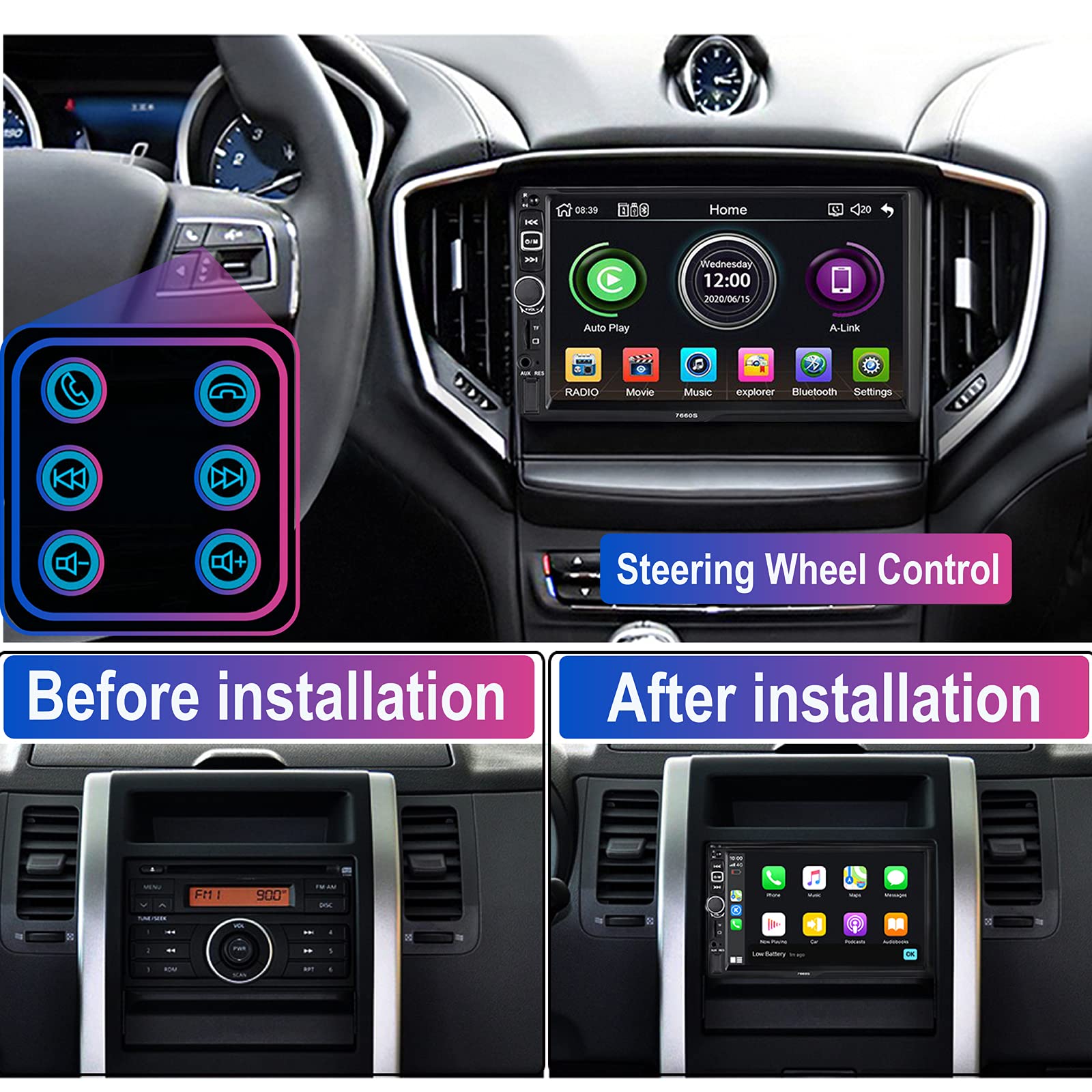 SANPTENT Double Din Car Stereo Radio 7 Inch HD Touchscreen Apple Carplay Android Auto Bluetooth Backup Camera Voice Control - View 4 of 7