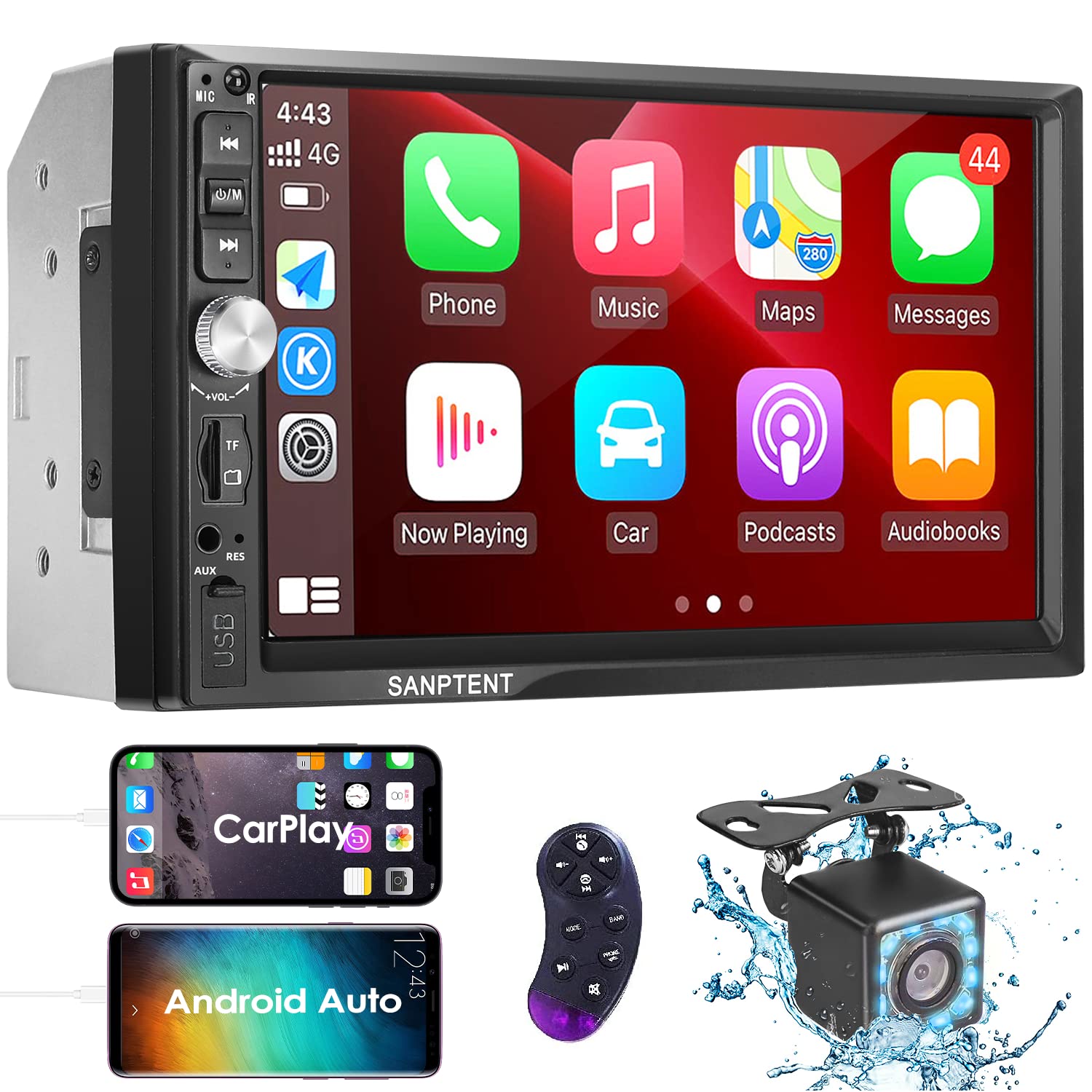 SANPTENT Double Din Car Stereo Radio 7 Inch HD Touchscreen Apple Carplay Android Auto Bluetooth Backup Camera Voice Control