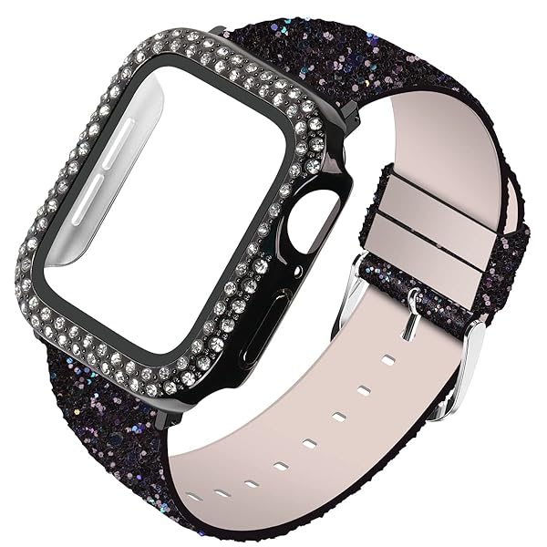 Wolait Wolait Leather Apple Watch Bands for Women 44mm Glitter Sparkly Bling Diamond Screen Protector Case Compatible with Series 6 5 4 Black