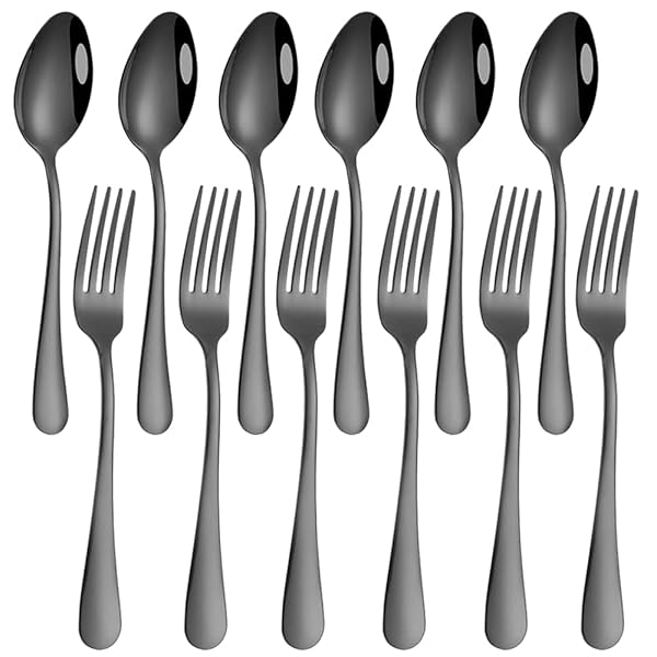findTop Set of 12 Black Plated Stainless Steel Heavy Duty Dinner Forks and Spoons Cutlery Set 8 Inch Forks 7 Inch Spoons