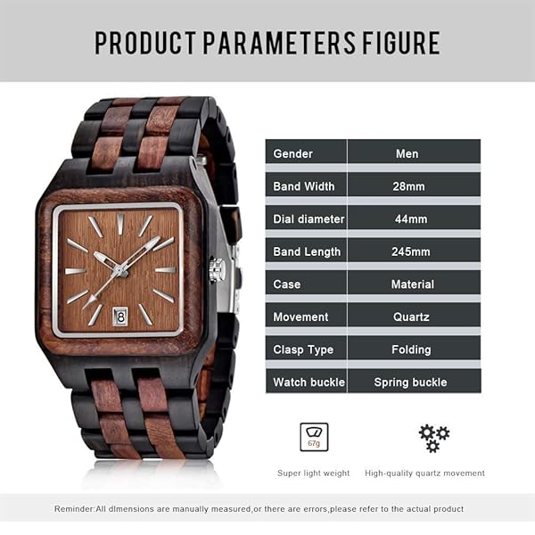 Tiong Tiong Men's Maple Wood Quartz Wristwatch Classic Square Waterproof Luminous Analog Watch Gift - View 5 of 10