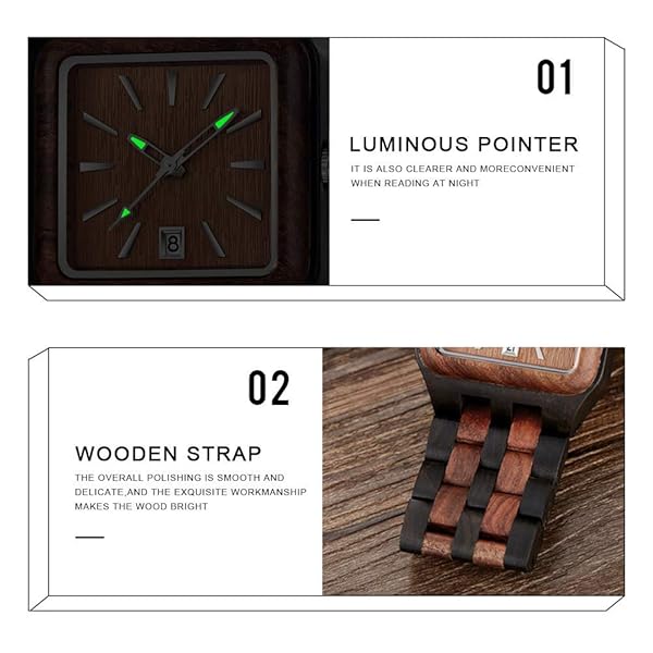 Tiong Tiong Men's Maple Wood Quartz Wristwatch Classic Square Waterproof Luminous Analog Watch Gift - View 9 of 10