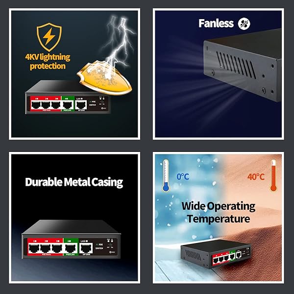 STEAMEMO STEAMEMO 5 Port AI PoE Switch with 4 POE Ports 100Mbps 52W Power Unmanaged Metal Plug and Play for Easy Network Setup - View 7 of 8