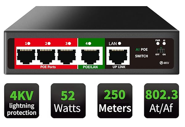 STEAMEMO STEAMEMO 5 Port AI PoE Switch with 4 POE Ports 100Mbps 52W Power Unmanaged Metal Plug and Play for Easy Network Setup - View 2 of 8