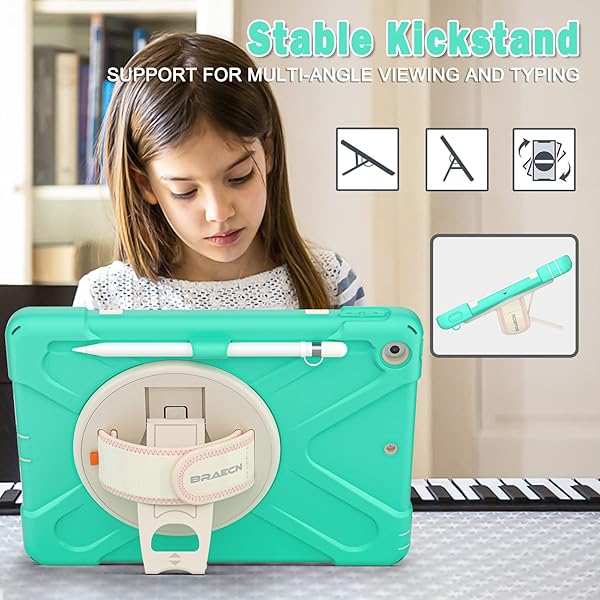 BRAECN BRAECN iPad 9th Generation Case Kids Heavy Duty Shockproof with Hand Strap Kickstand Shoulder Strap Screen Protector Mint Green - View 5 of 7