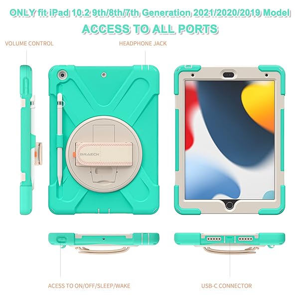 BRAECN BRAECN iPad 9th Generation Case Kids Heavy Duty Shockproof with Hand Strap Kickstand Shoulder Strap Screen Protector Mint Green - View 7 of 7