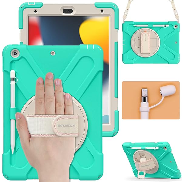 BRAECN BRAECN iPad 9th Generation Case Kids Heavy Duty Shockproof with Hand Strap Kickstand Shoulder Strap Screen Protector Mint Green - View 2 of 7