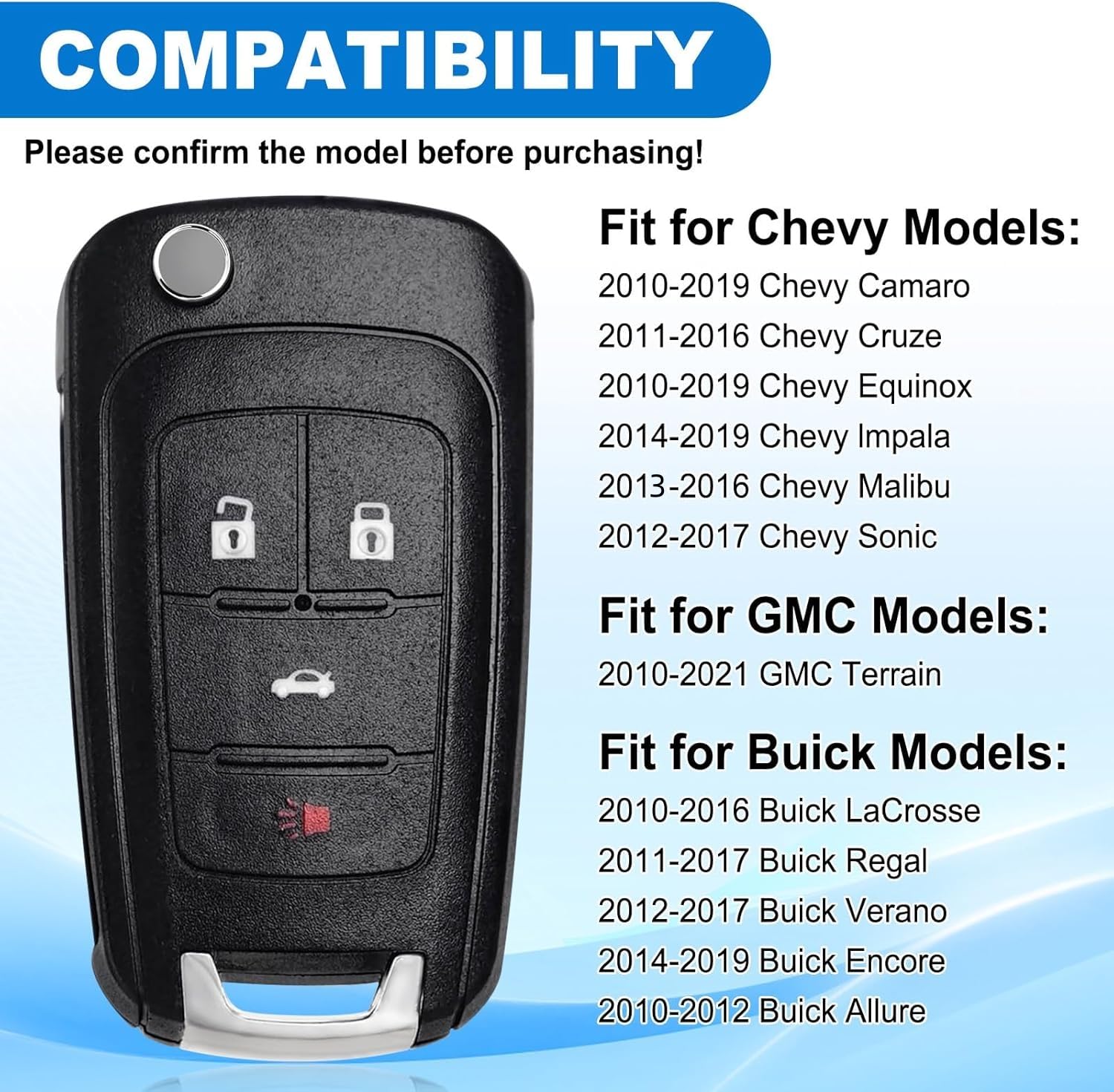 Flip Car Key Fob for Chevy 2 Pcs Keyless Entry Remote Compatible with 2010-2021 Chevy Models and Buick GMC Vehicles - View 3 of 9