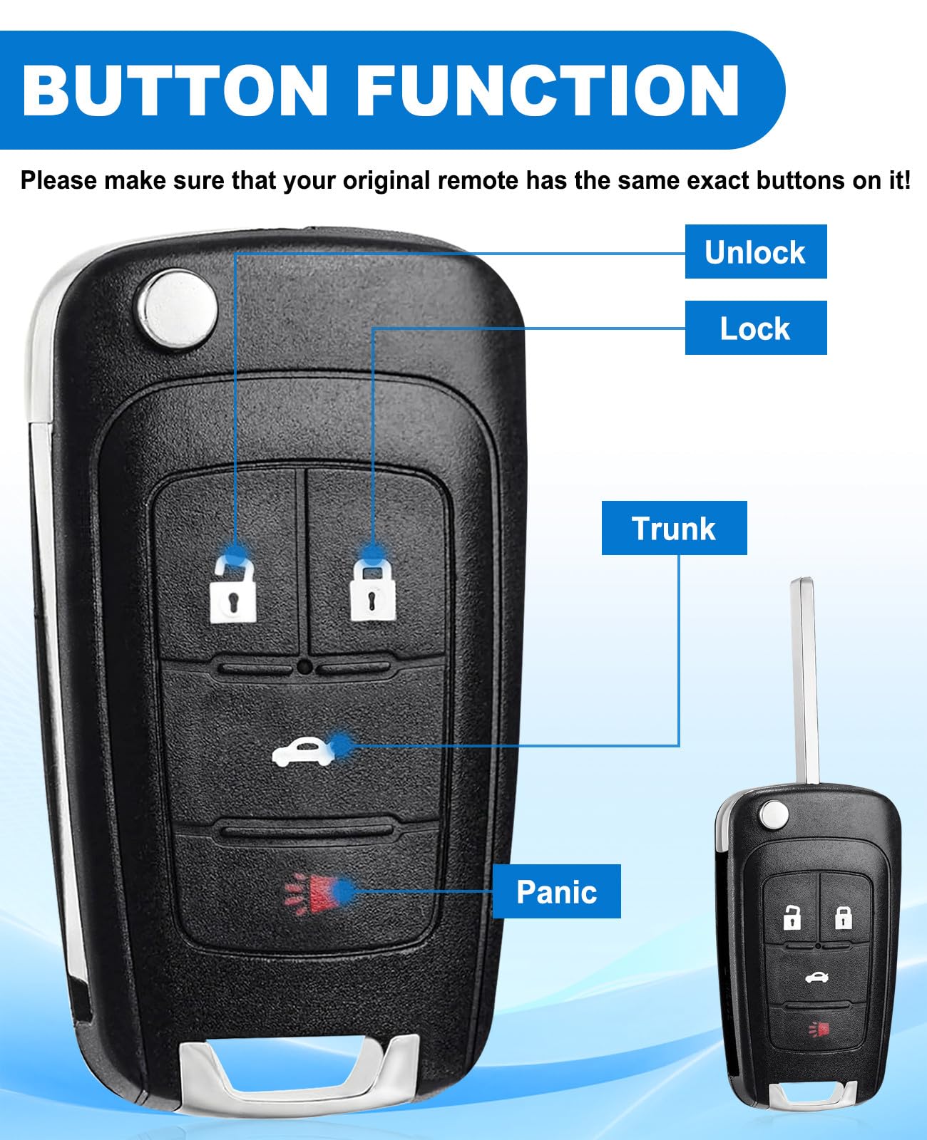 Flip Car Key Fob for Chevy 2 Pcs Keyless Entry Remote Compatible with 2010-2021 Chevy Models and Buick GMC Vehicles - View 5 of 9