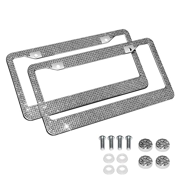Bling Crystal Diamonds Car License Plate Frames for Women Girls 2pcs Grey Stylish Exterior Accessory