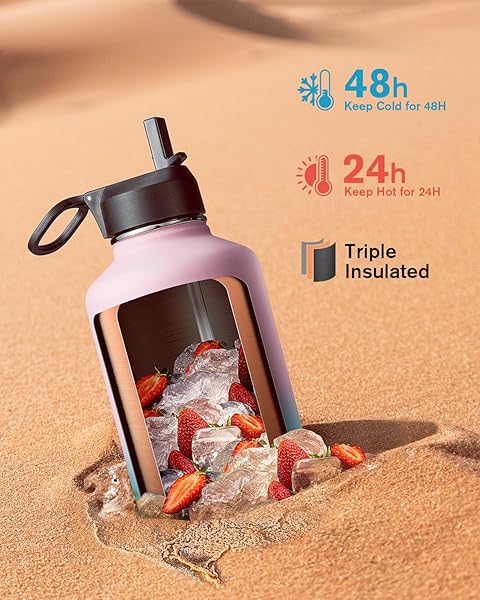 Coolflask Insulated 64 oz Water Bottle with Straw and 3 Lids Coolflask Half Gallon Stainless Steel Jug Non-BPA Keeps Cold 48H Hot 24H Bubblegum Princess - View 3 of 8