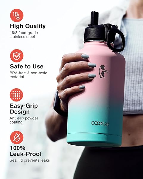 Coolflask Insulated 64 oz Water Bottle with Straw and 3 Lids Coolflask Half Gallon Stainless Steel Jug Non-BPA Keeps Cold 48H Hot 24H Bubblegum Princess - View 4 of 8