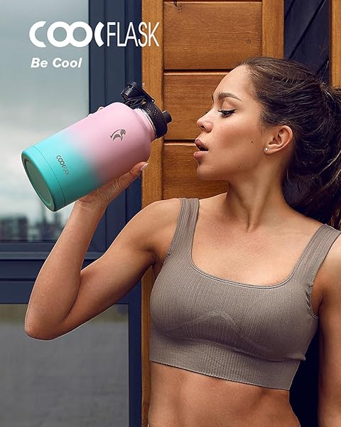 Coolflask Insulated 64 oz Water Bottle with Straw and 3 Lids Coolflask Half Gallon Stainless Steel Jug Non-BPA Keeps Cold 48H Hot 24H Bubblegum Princess - View 7 of 8