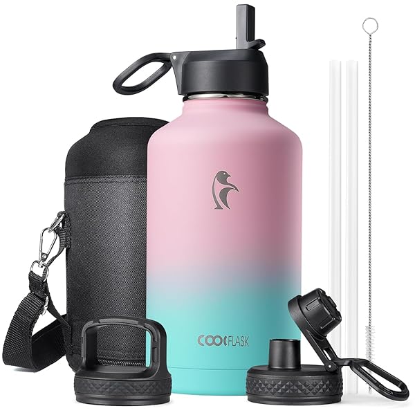 Coolflask Insulated 64 oz Water Bottle with Straw and 3 Lids Coolflask Half Gallon Stainless Steel Jug Non-BPA Keeps Cold 48H Hot 24H Bubblegum Princess