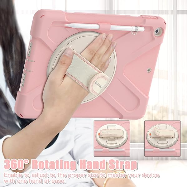 BRAECN BRAECN iPad 10.2 Inch Case 2021 2020 2019 Three Layer Hybrid Kids Case with Strap Stand Screen Protector Pencil Holder Sakura Pink - View 4 of 7