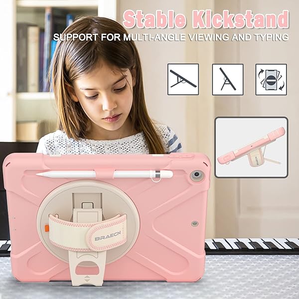 BRAECN BRAECN iPad 10.2 Inch Case 2021 2020 2019 Three Layer Hybrid Kids Case with Strap Stand Screen Protector Pencil Holder Sakura Pink - View 5 of 7