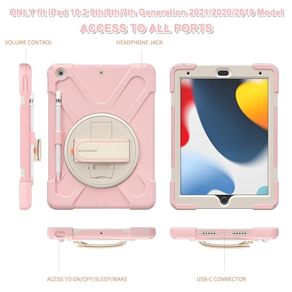 BRAECN BRAECN iPad 10.2 Inch Case 2021 2020 2019 Three Layer Hybrid Kids Case with Strap Stand Screen Protector Pencil Holder Sakura Pink - View 7 of 7