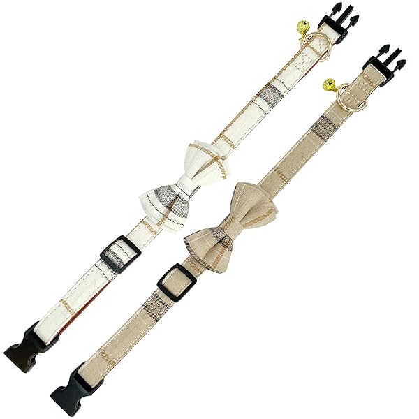 KUDES KUDES Adjustable Dog Collars with Bow Tie and Bells for Small Medium Large Pets Beige Brown 2 Pack Set - View 7 of 9
