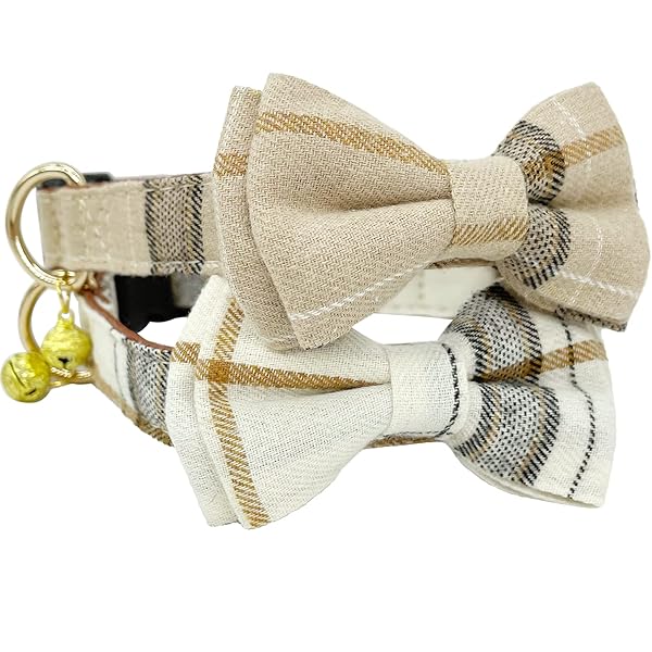 KUDES KUDES Adjustable Dog Collars with Bow Tie and Bells for Small Medium Large Pets Beige Brown 2 Pack Set - View 8 of 9