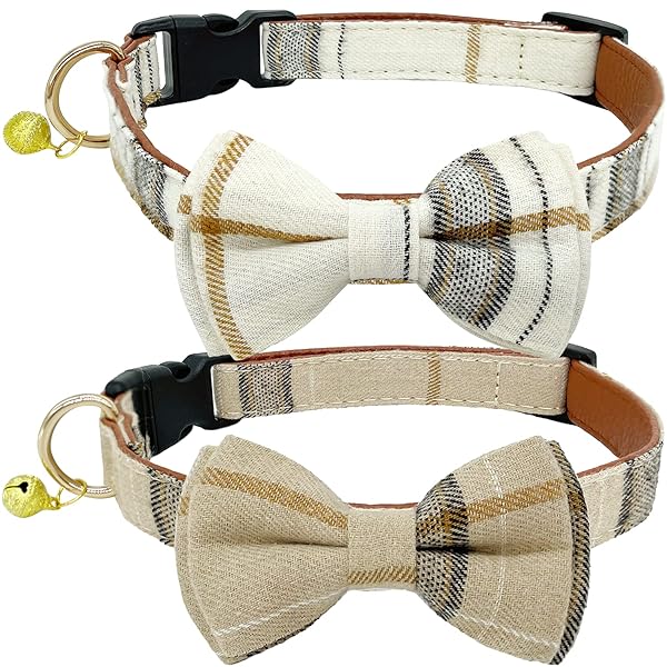 KUDES KUDES Adjustable Dog Collars with Bow Tie and Bells for Small Medium Large Pets Beige Brown 2 Pack Set - View 2 of 9