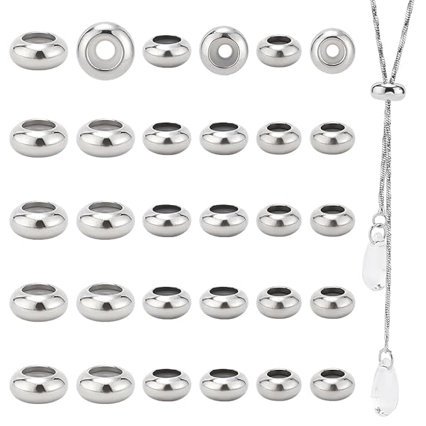 PH PandaHall 304 Stainless Steel Slider Beads 30pcs Adjustable Metal Loose Beads for Bracelet Necklace Jewelry Making 7mm 8mm 10mm