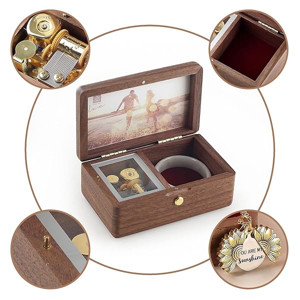 SOFTALK SOFTALK Vintage Jewelry Box Musical Boxs with Customizable Photos Case for Gifts Christmas Birthday and Valentine's Day(Simple Walnut Wood, Tune : Brahms Lullaby) - View 4 of 9